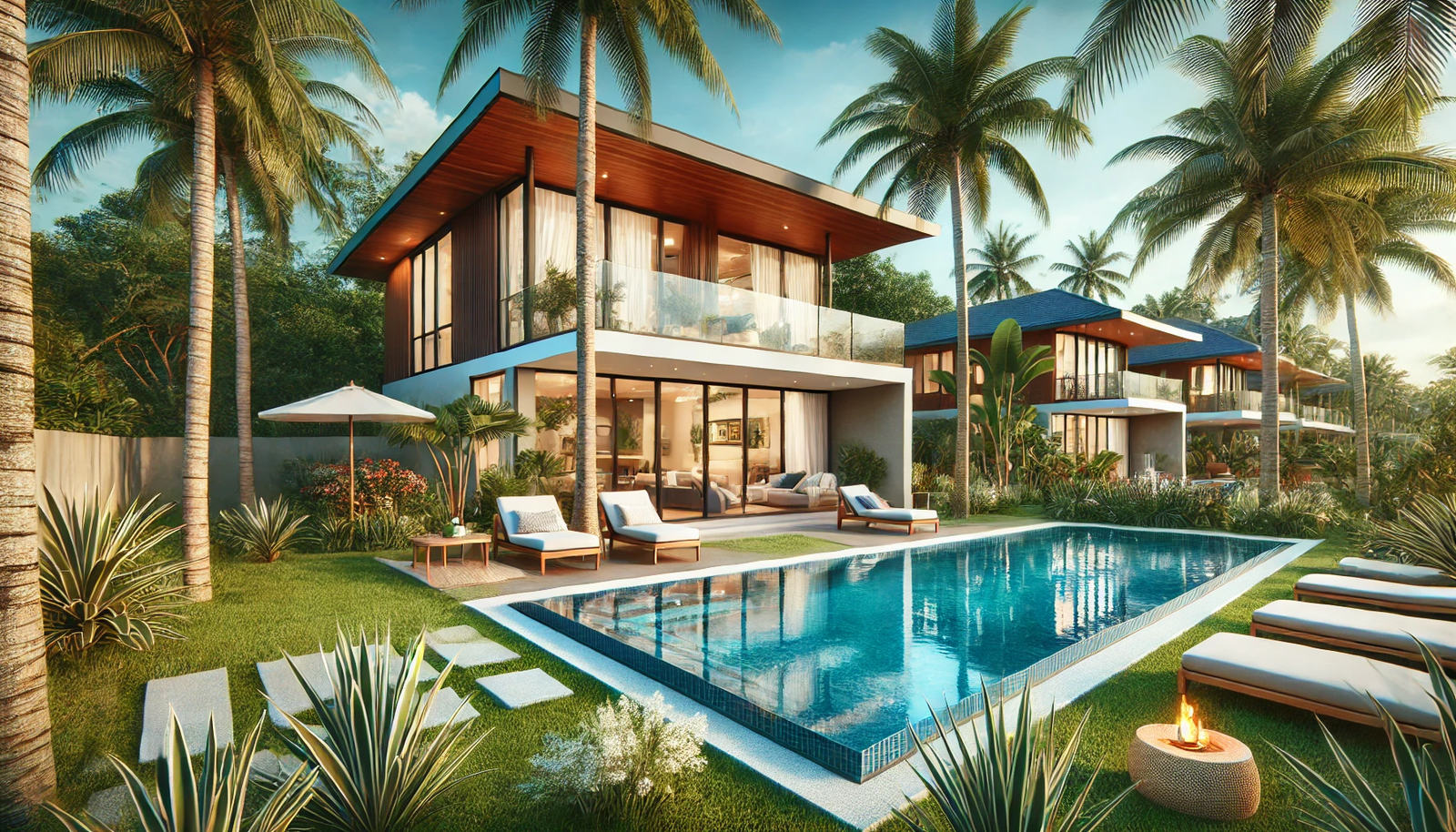 Luxury tropical villa in Mexico with a private pool, modern design, and lush palm trees, ideal for expats, retirees, and real estate investors looking to buy property in Mexico